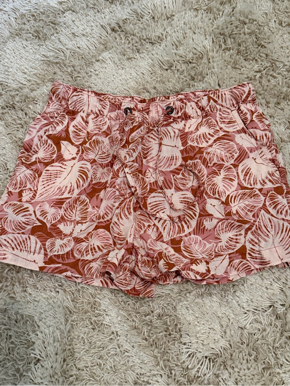 Tahari Women's Pink Leaf-Print Linen Drawstring Shorts